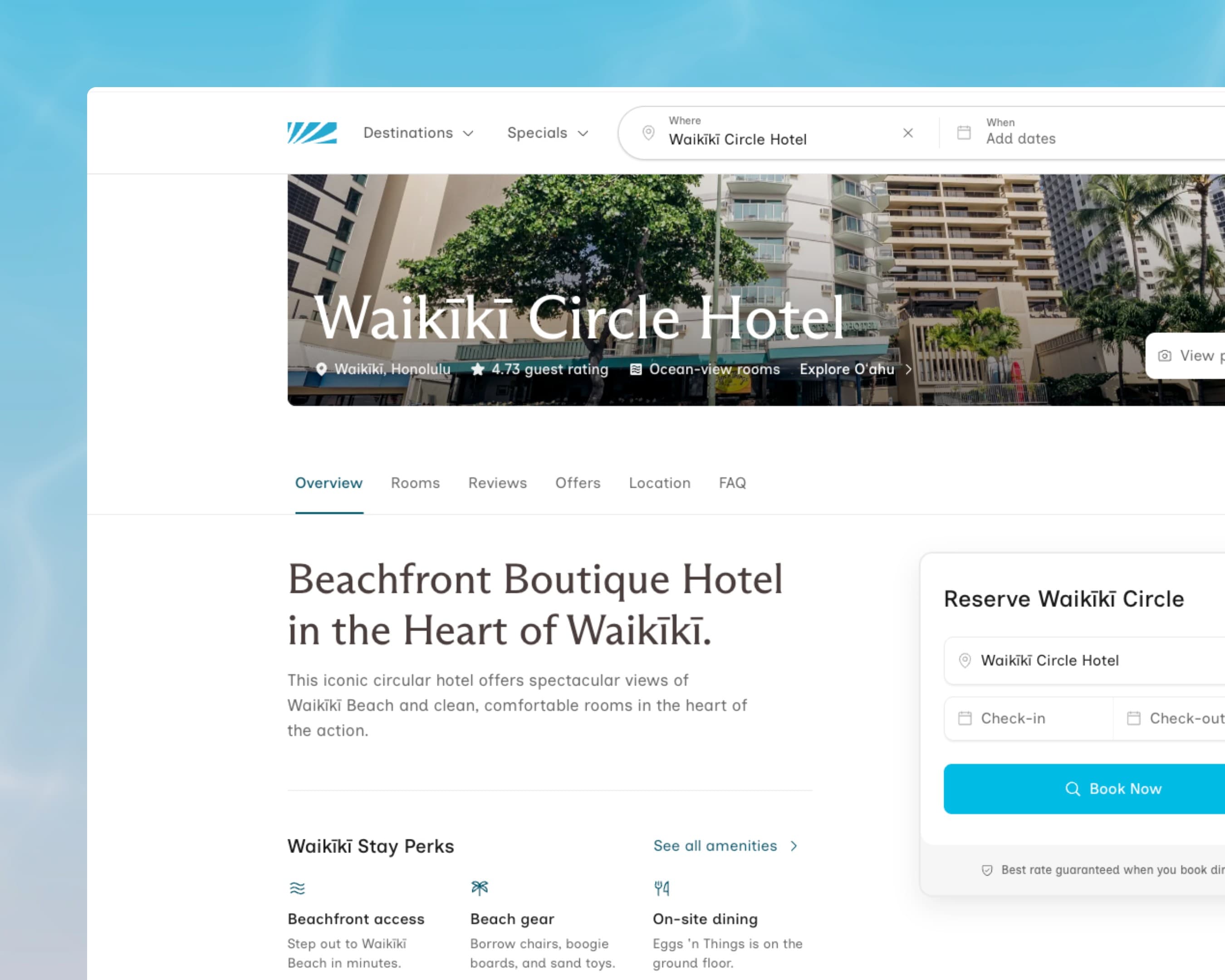 Castle Waikīkī Circle Hotel website design over a water background