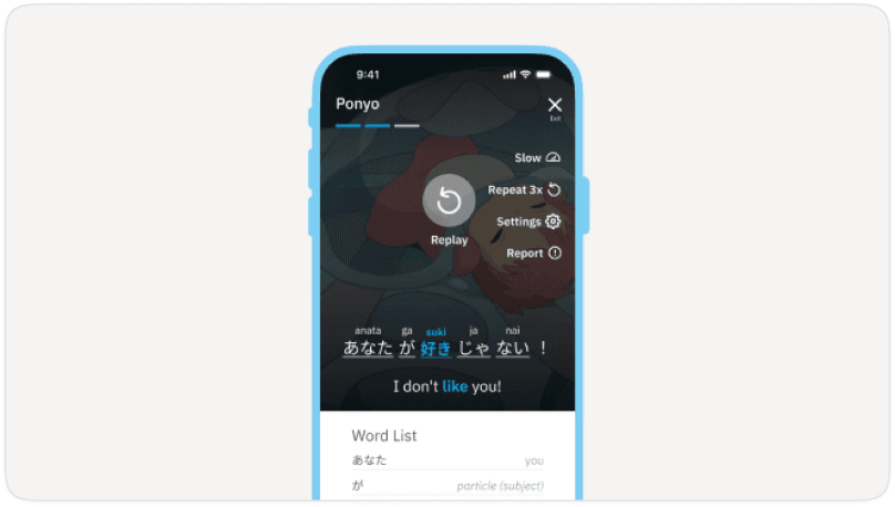Umi language-learning app showing a Japanese lesson built from a clip of the film Ponyo